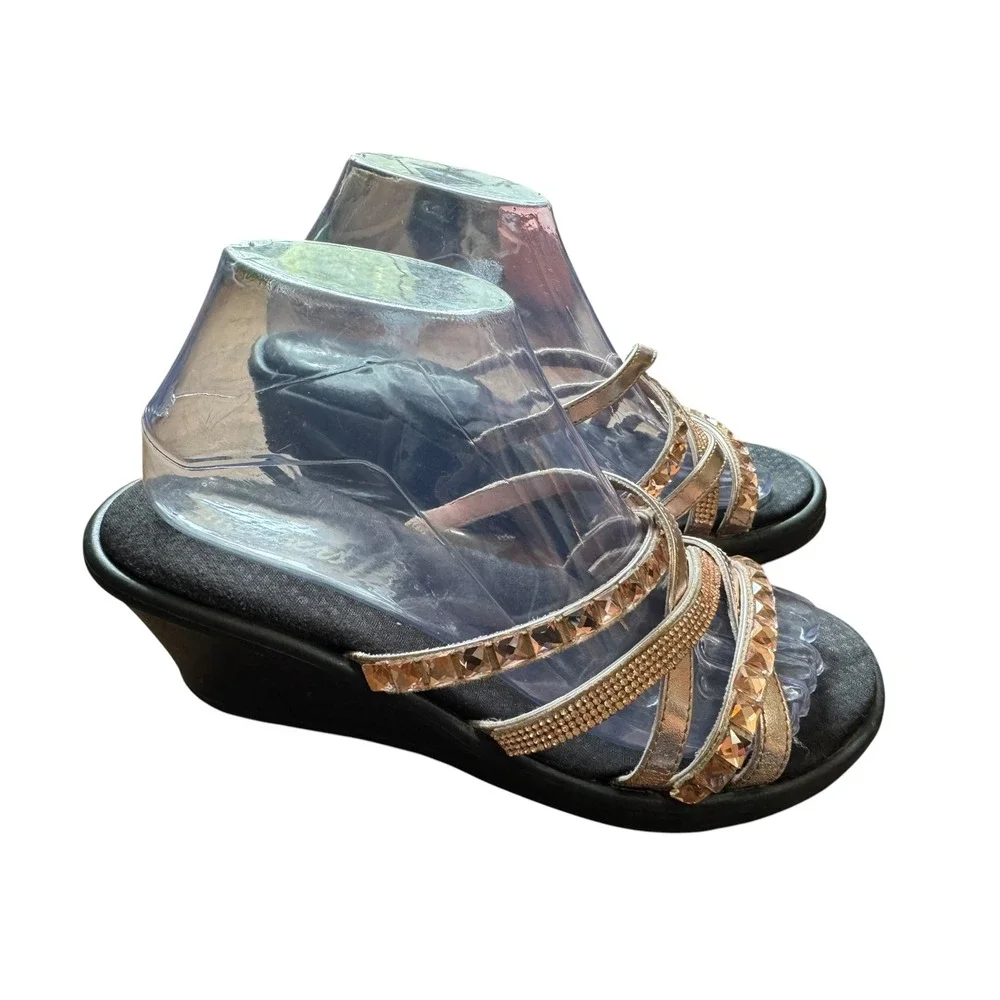 Skechers Wedge Sandals Womens 9 Rose Gold Excellent Rhinestone Strappy Slide